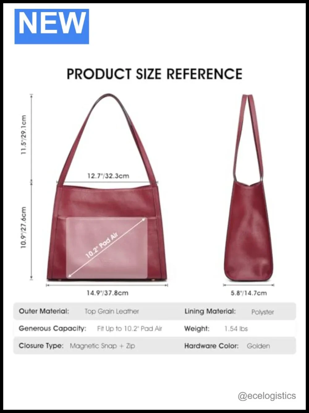 Genuine Leather Tote Bag Lightweight Zipper Closure Shoulder Bag Purse Work